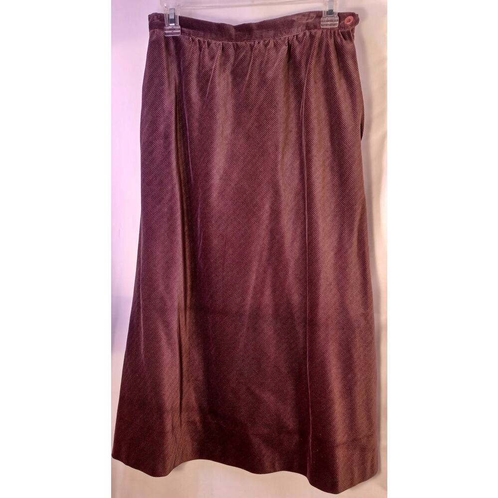 80s Vintage Velvet Midi Skirt Size Small Brown Micro Grid Pattern Old Money